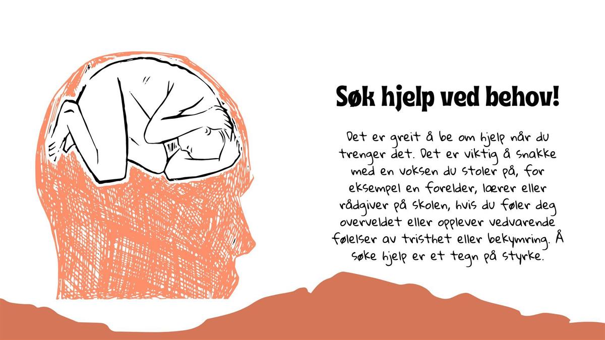 Tegneseriefigur som ligger i fosterstilling med hodet i armene inni et illustrert og tegnet hode - antydende at figuren inni den illustrerte hodet er en hjerne. - Klikk for stort bilde