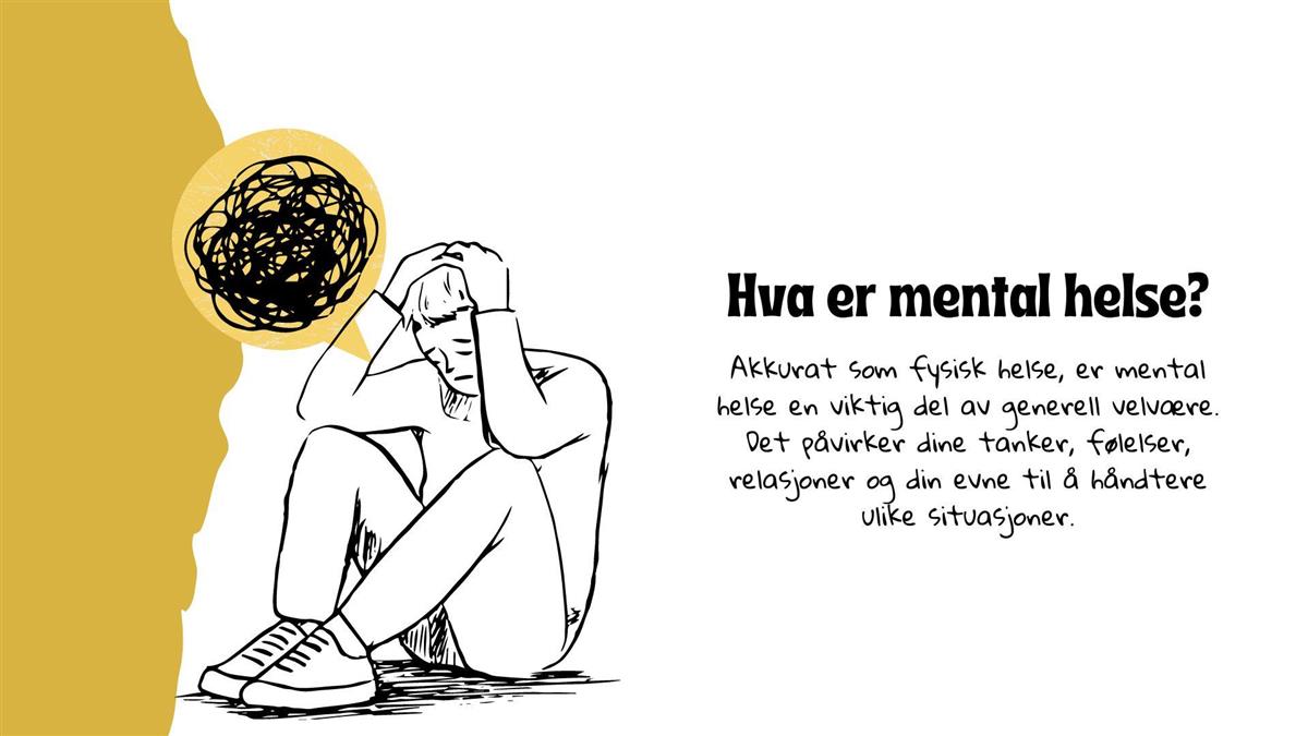 tegneserie figur har hendene på hodet, med en tankeboble med skriblerier. Mental helse - Klikk for stort bilde